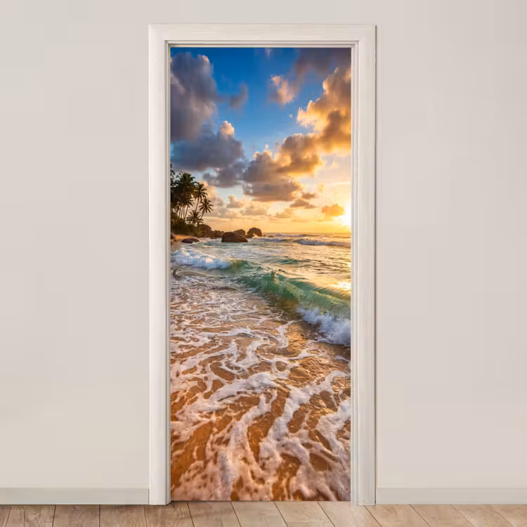 Deursticker - Strand - Zonsondergang - Golven - Natuur - Goud — 1