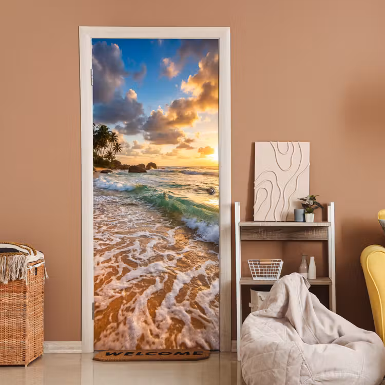 Deursticker - Strand - Zonsondergang - Golven - Natuur - Goud — 2