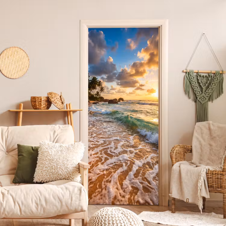 Deursticker - Strand - Zonsondergang - Golven - Natuur - Goud — 4