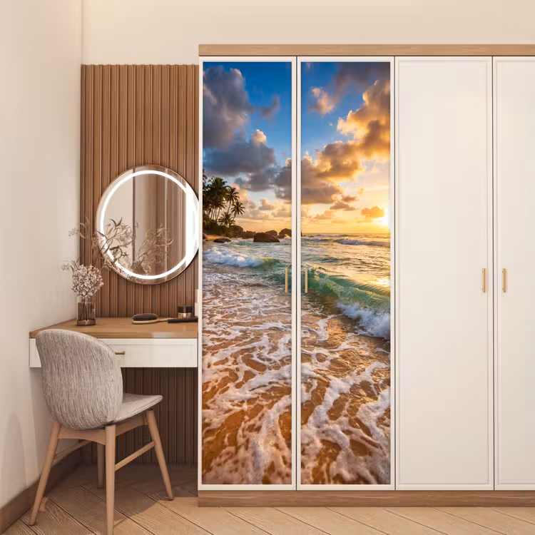 Deursticker - Strand - Zonsondergang - Golven - Natuur - Goud — 5