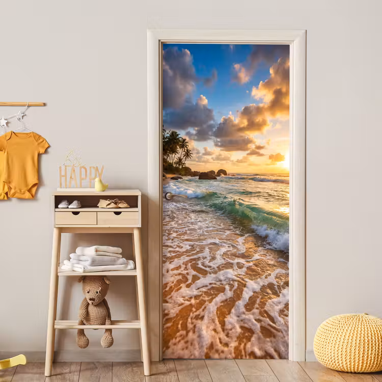 Deursticker - Strand - Zonsondergang - Golven - Natuur - Goud — 6
