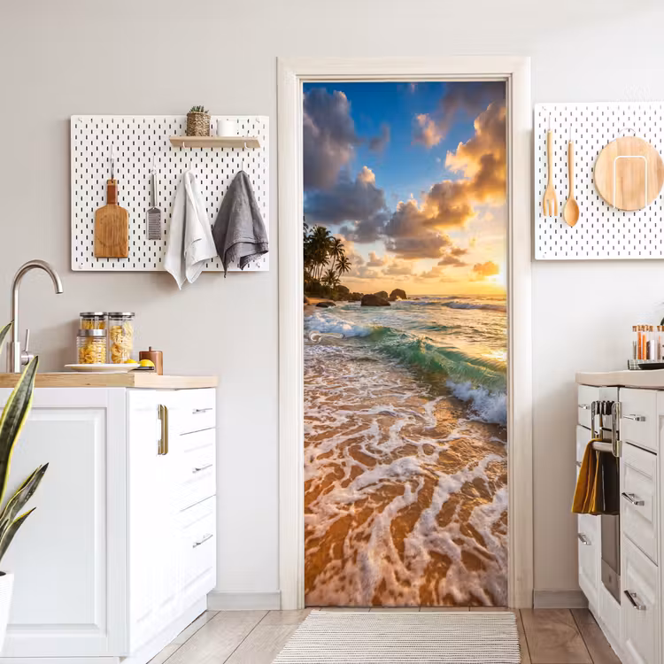 Deursticker - Strand - Zonsondergang - Golven - Natuur - Goud — 7