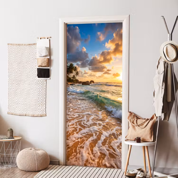 Deursticker - Strand - Zonsondergang - Golven - Natuur - Goud — 8