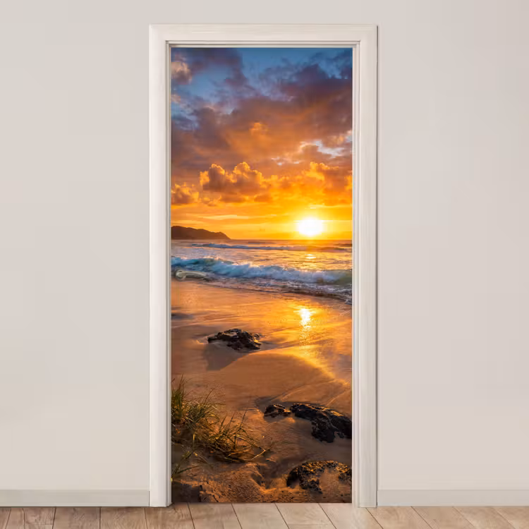 Deursticker - Strand - Zonsondergang - Golven - Natuur - Oranje — 1