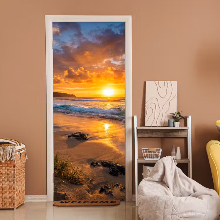 Deursticker - Strand - Zonsondergang - Golven - Natuur - Oranje — 2
