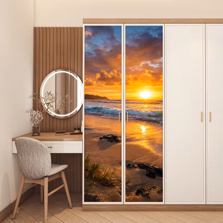 Deursticker - Strand - Zonsondergang - Golven - Natuur - Oranje — 5