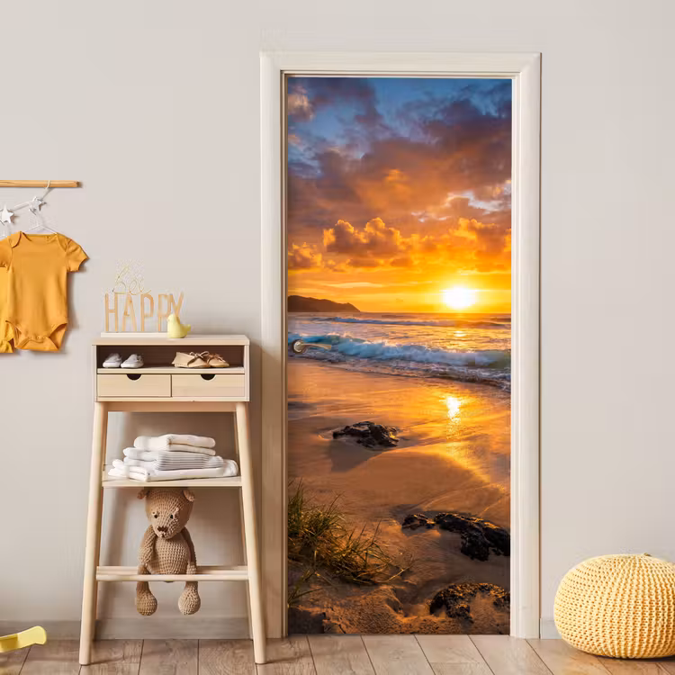 Deursticker - Strand - Zonsondergang - Golven - Natuur - Oranje — 6