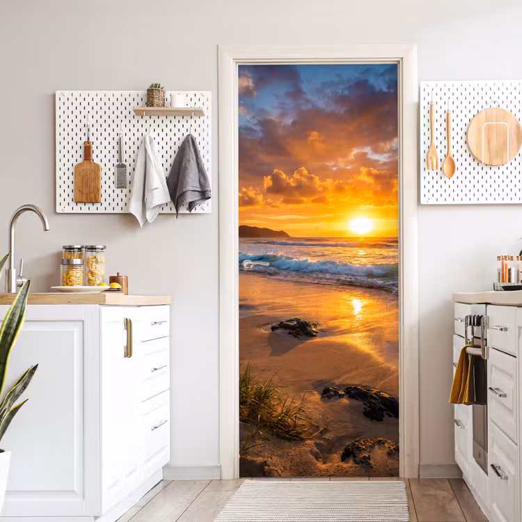 Deursticker - Strand - Zonsondergang - Golven - Natuur - Oranje — 7