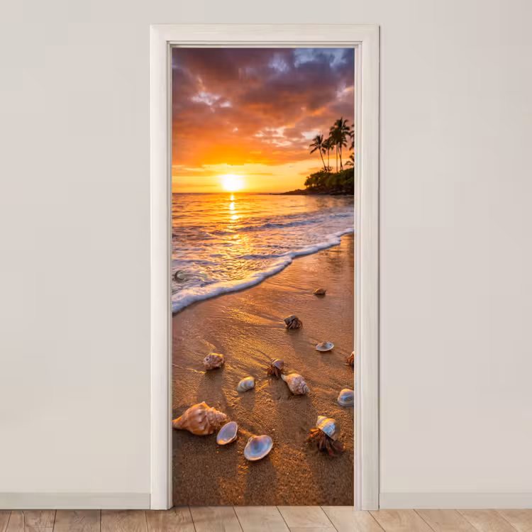 Deursticker - Strand - Zonsondergang - Palmbomen - Natuur - Oranje — 1