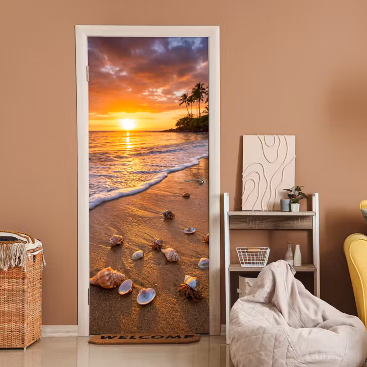 Deursticker - Strand - Zonsondergang - Palmbomen - Natuur - Oranje — 2