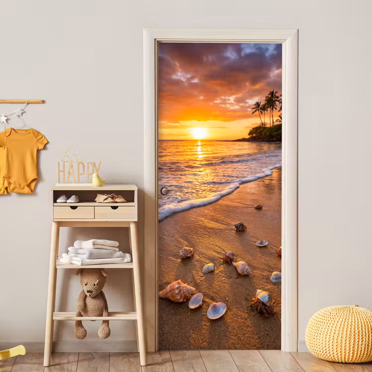 Deursticker - Strand - Zonsondergang - Palmbomen - Natuur - Oranje — 6