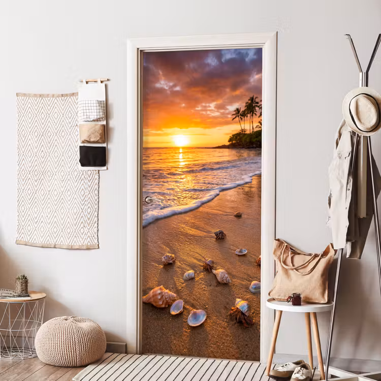 Deursticker - Strand - Zonsondergang - Palmbomen - Natuur - Oranje — 8