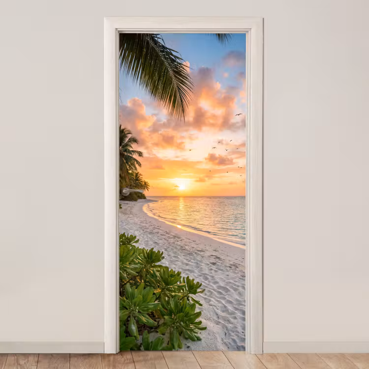 Deursticker - Strand - Zonsondergang - Palmbomen - Tropisch - Natuur — 1