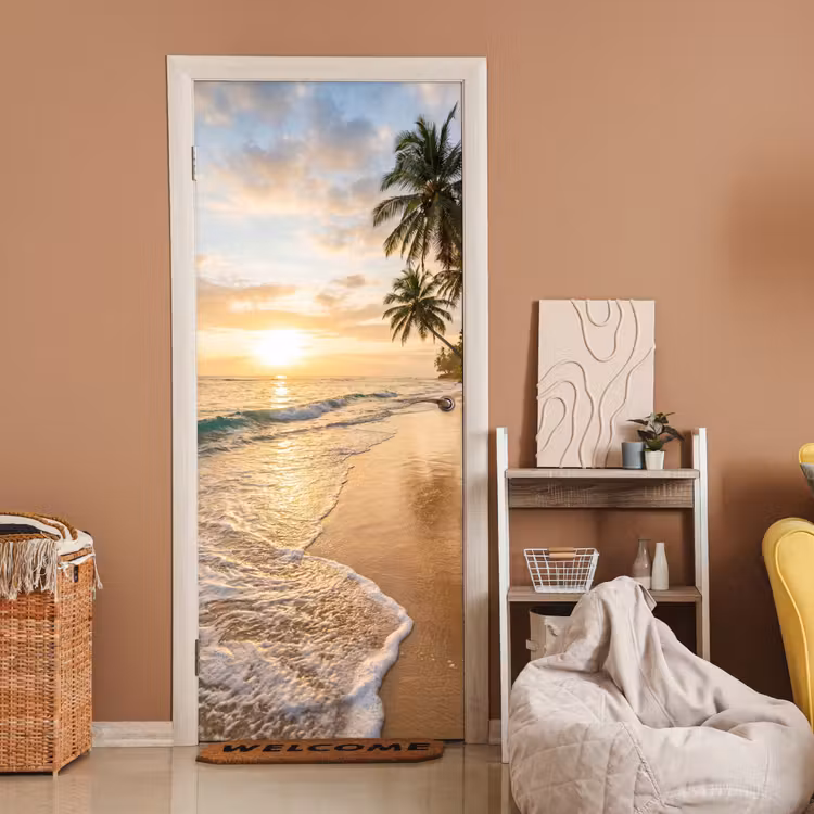 Deursticker - Strand - Zonsondergang - Tropisch - Natuur - Goud — 2