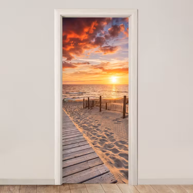Deursticker - Strand - Zonsondergang - Zee - Natuur - Oranje — 1