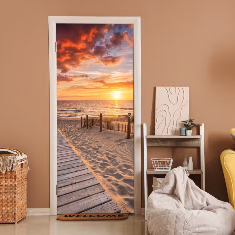 Deursticker - Strand - Zonsondergang - Zee - Natuur - Oranje — 2