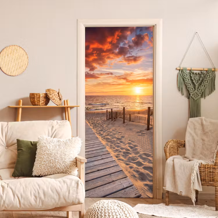 Deursticker - Strand - Zonsondergang - Zee - Natuur - Oranje — 4