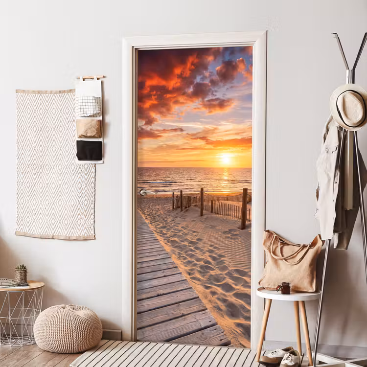 Deursticker - Strand - Zonsondergang - Zee - Natuur - Oranje — 8