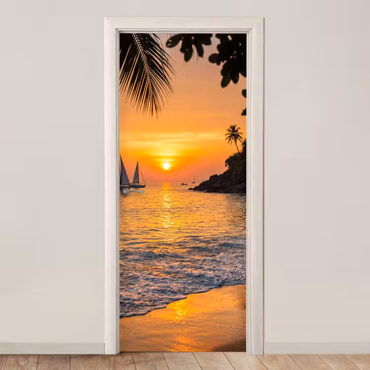 Deursticker - Zee - Zonsondergang - Boot - Natuur - Oranje — 1