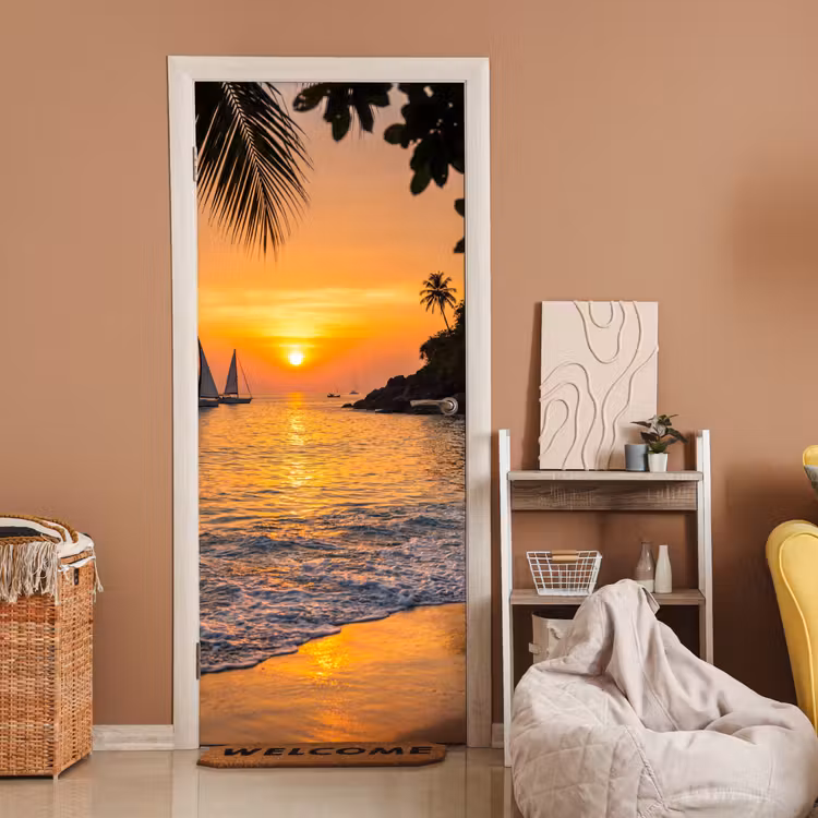 Deursticker - Zee - Zonsondergang - Boot - Natuur - Oranje — 2