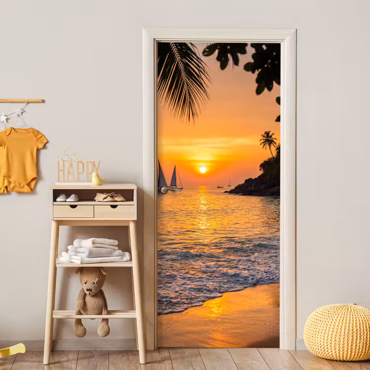 Deursticker - Zee - Zonsondergang - Boot - Natuur - Oranje — 6
