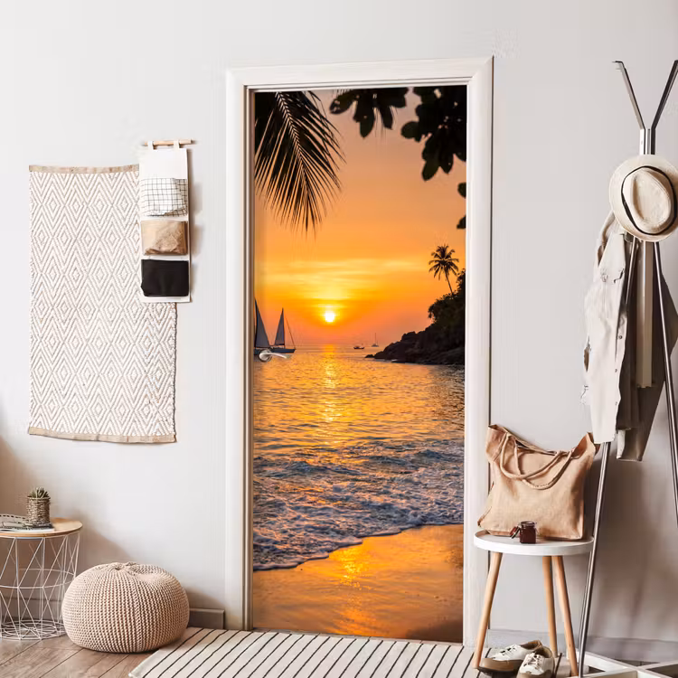 Deursticker - Zee - Zonsondergang - Boot - Natuur - Oranje — 8