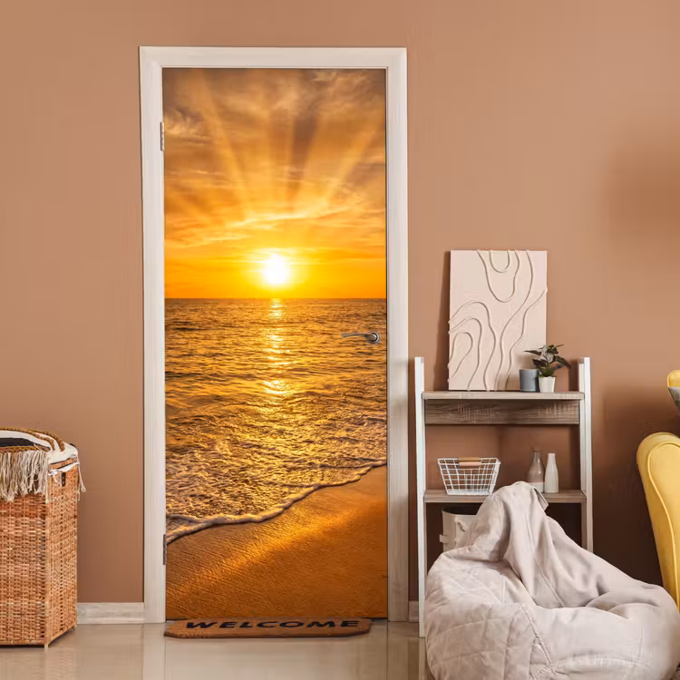 Deursticker - Zee - Zonsondergang - Golven - Kust - Oranje — 2