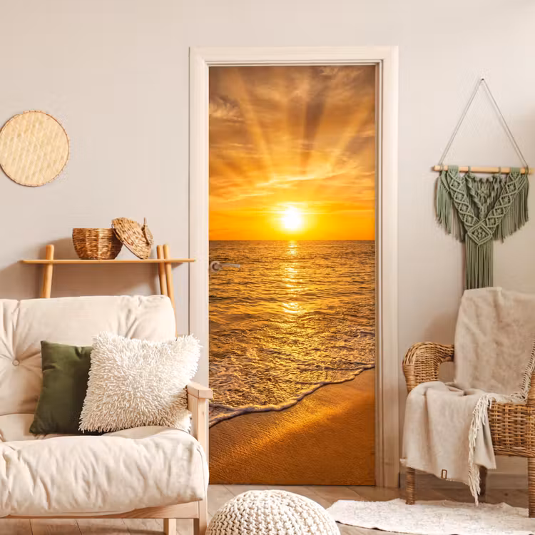 Deursticker - Zee - Zonsondergang - Golven - Kust - Oranje — 4