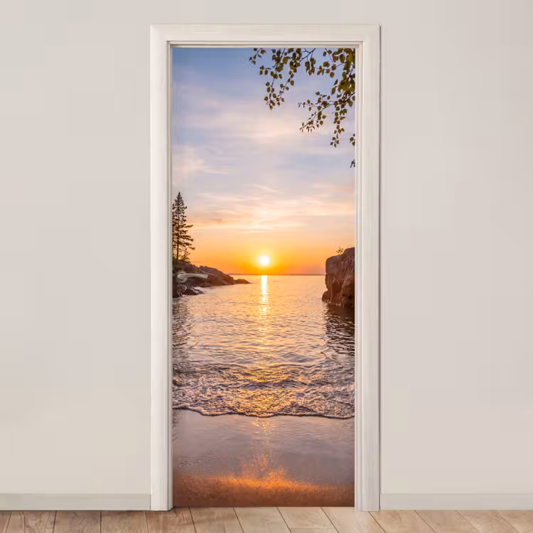 Deursticker - Zonsondergang - Kust - Water - Natuur - Oranje — 1