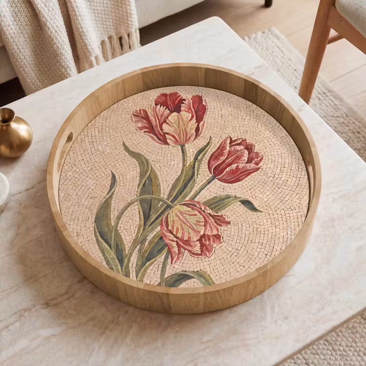 Dienblad - Bloemen - Mozaïek - Rood - Groen - Kunst — 2
