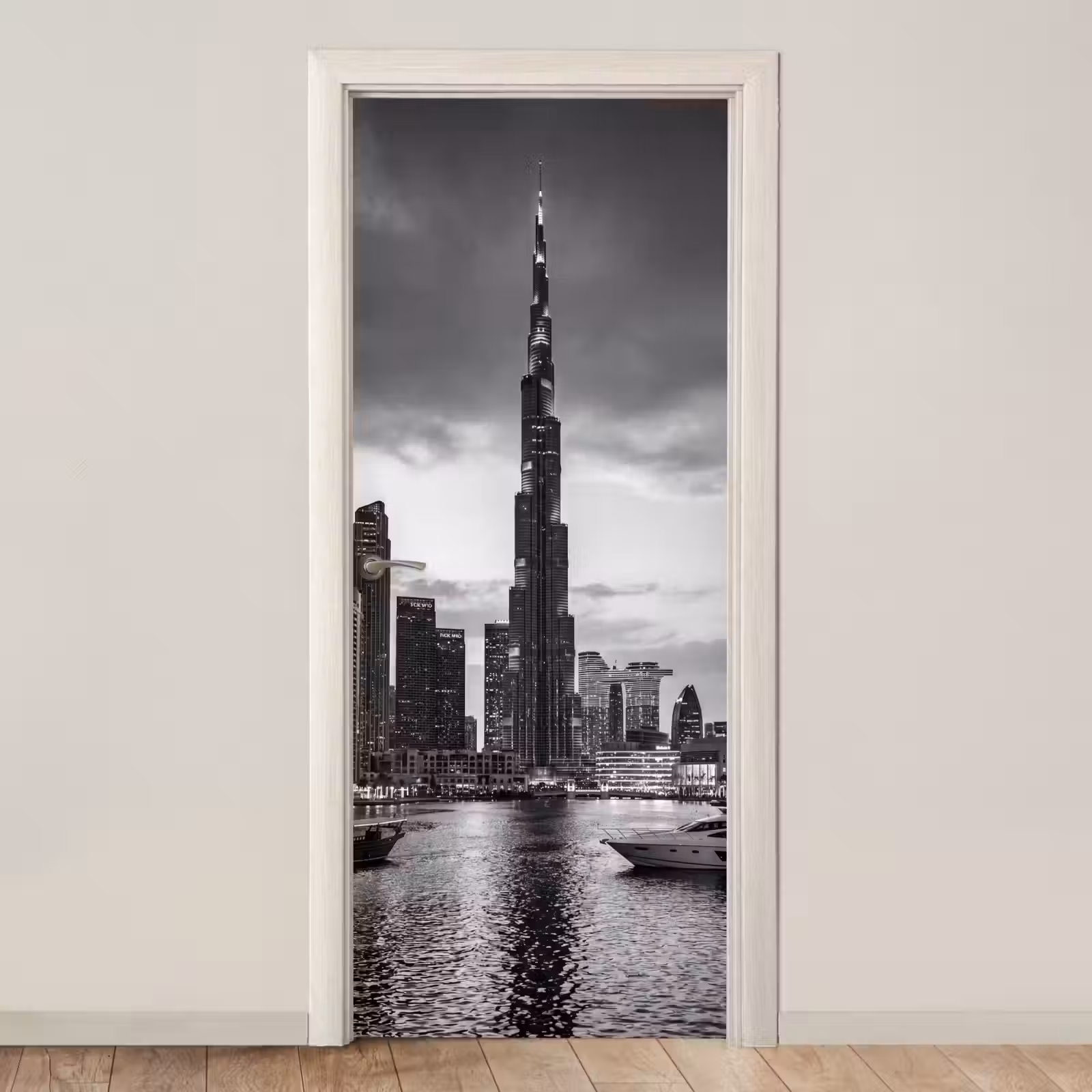 Deursticker - Stad - Skyline - Architectuur - Avond - Zwart-wit — 1