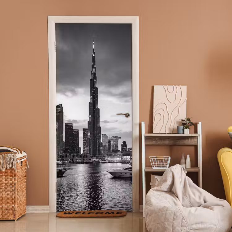 Deursticker - Stad - Skyline - Architectuur - Avond - Zwart-wit — 2