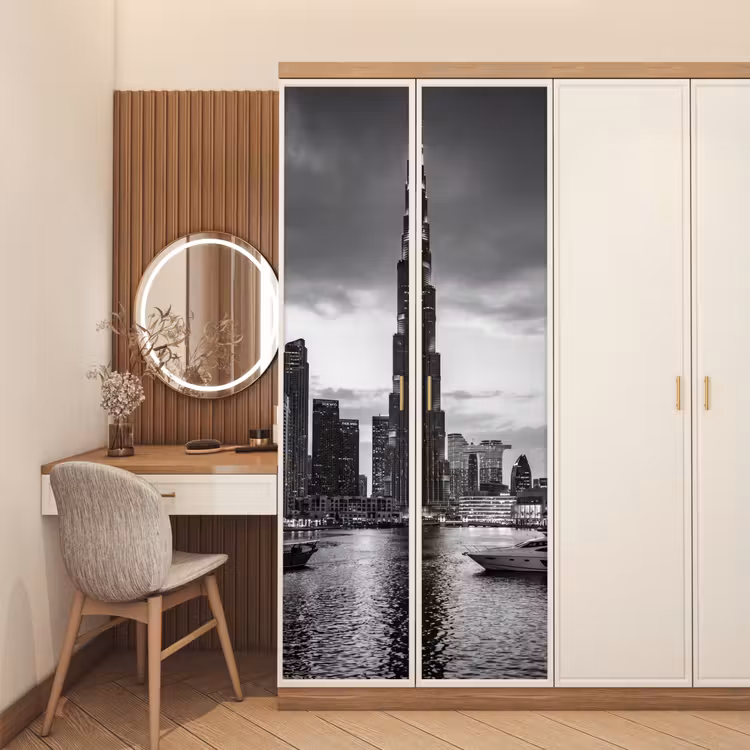 Deursticker - Stad - Skyline - Architectuur - Avond - Zwart-wit — 5