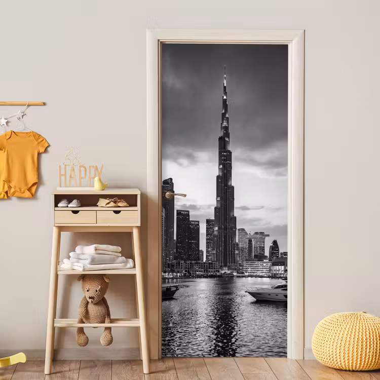 Deursticker - Stad - Skyline - Architectuur - Avond - Zwart-wit — 6