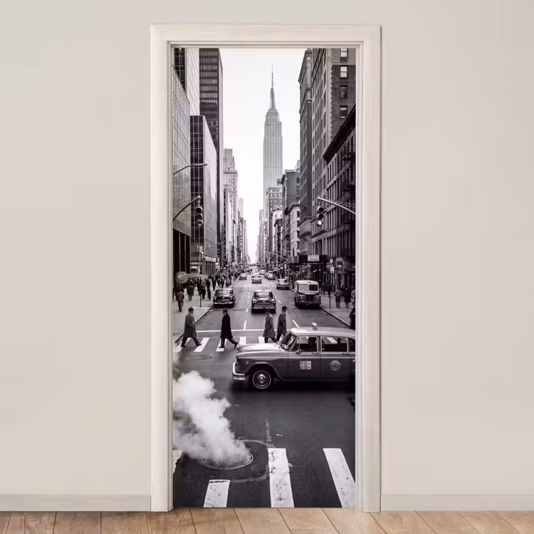 Deursticker - Stad - Straat - Gebouwen - Verkeer - Zwart-wit — 1