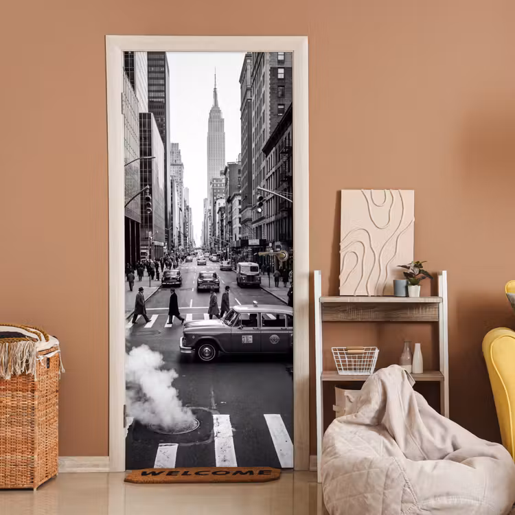 Deursticker - Stad - Straat - Gebouwen - Verkeer - Zwart-wit — 2
