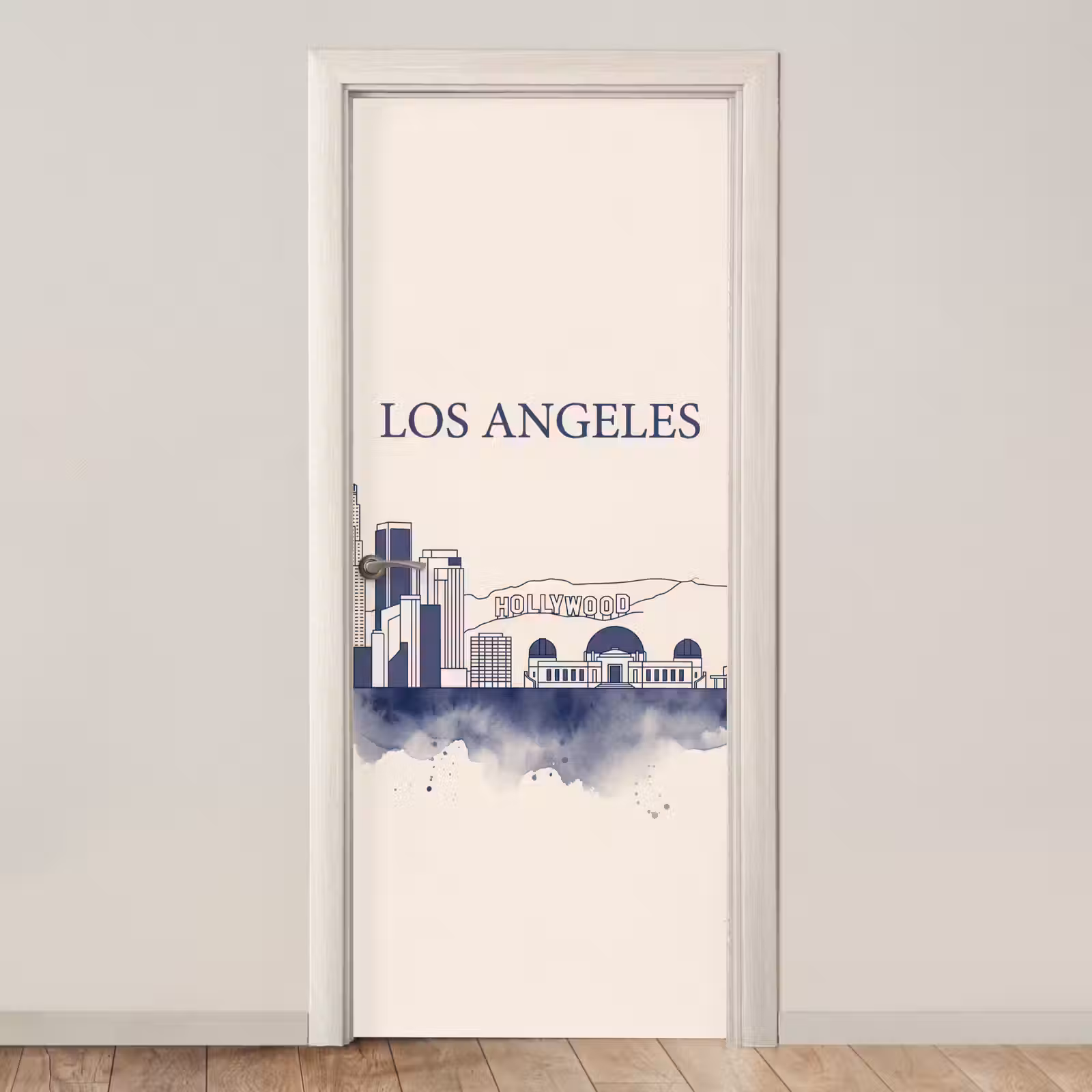 Deursticker - Los Angeles - Skyline - Architectuur - Aquarel - Blauw — 1