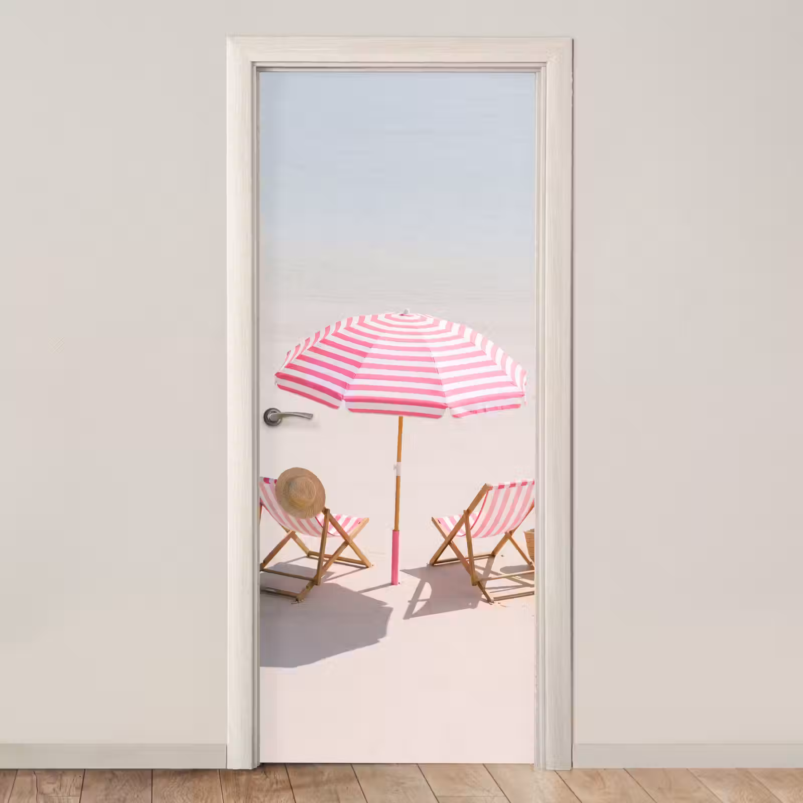 Deursticker - Strand - Parasol - Ligstoel - Zomer - Roze — 1