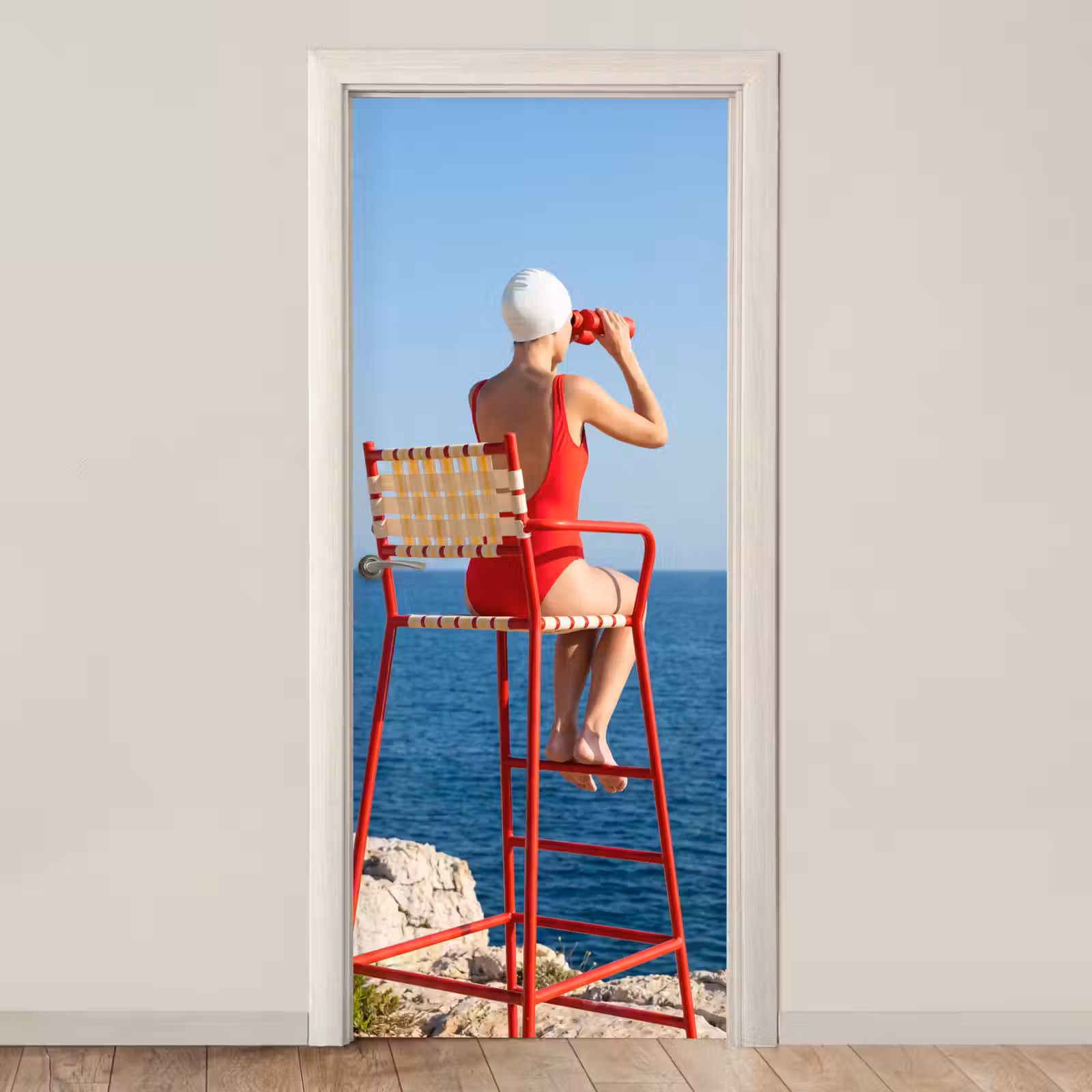 Deursticker - Vrouw - Zee - Kust - Verrekijker - Rood — 1