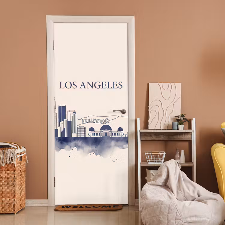 Deursticker - Los Angeles - Skyline - Architectuur - Aquarel - Blauw — 2