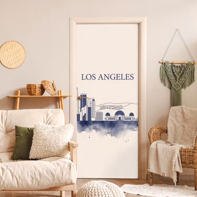 Deursticker - Los Angeles - Skyline - Architectuur - Aquarel - Blauw — 4