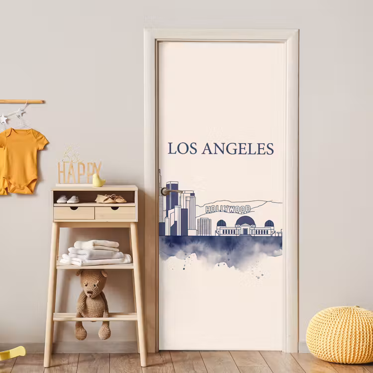 Deursticker - Los Angeles - Skyline - Architectuur - Aquarel - Blauw — 6