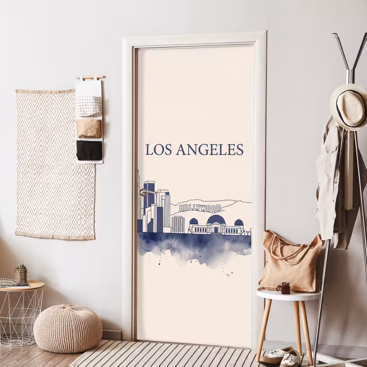 Deursticker - Los Angeles - Skyline - Architectuur - Aquarel - Blauw — 8