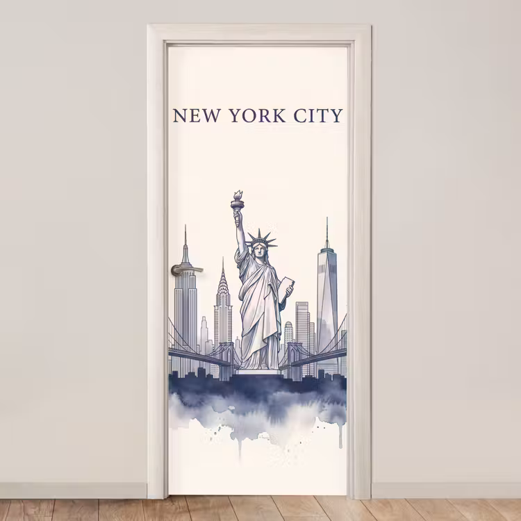 Deursticker - New York - Vrijheidsbeeld - Skyline - Illustratie - Blauw — 1