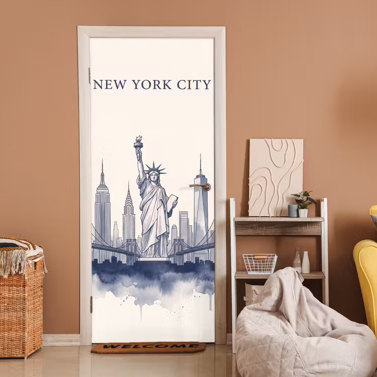 Deursticker - New York - Vrijheidsbeeld - Skyline - Illustratie - Blauw — 2