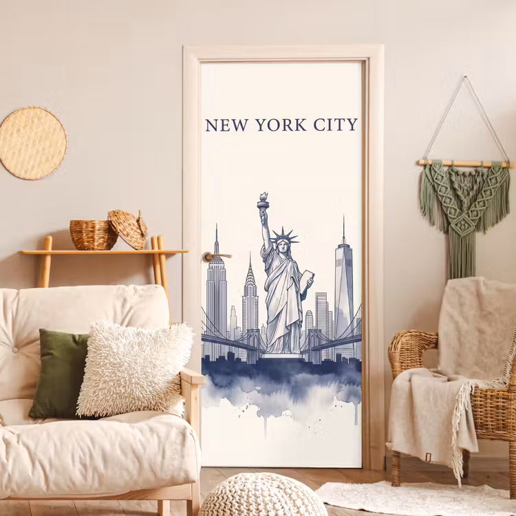 Deursticker - New York - Vrijheidsbeeld - Skyline - Illustratie - Blauw — 4