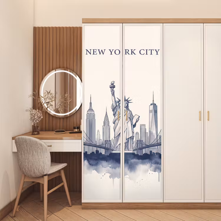 Deursticker - New York - Vrijheidsbeeld - Skyline - Illustratie - Blauw — 5