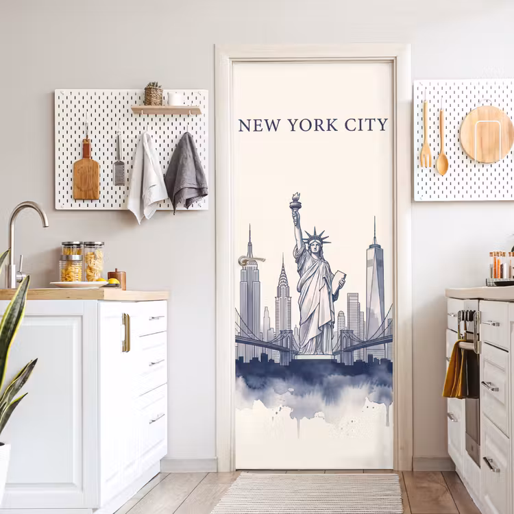 Deursticker - New York - Vrijheidsbeeld - Skyline - Illustratie - Blauw — 7