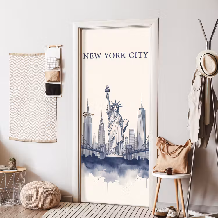 Deursticker - New York - Vrijheidsbeeld - Skyline - Illustratie - Blauw — 8