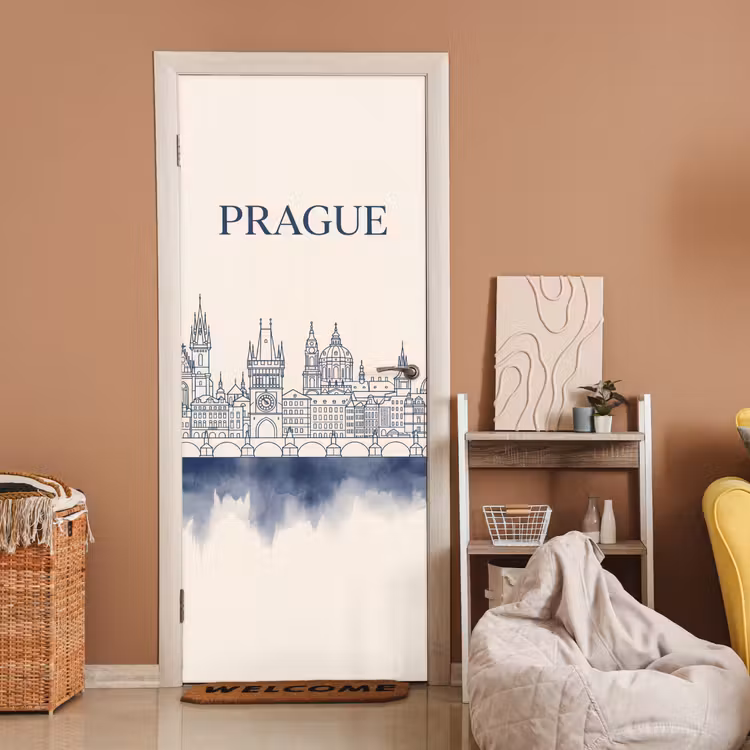 Deursticker - Praag - Skyline - Architectuur - Blauw — 2